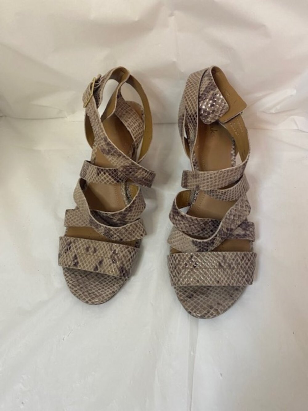 Clarks Ranae Estelle Snakeskin Strappy Heels Sandal in brown, Women's size 7.5